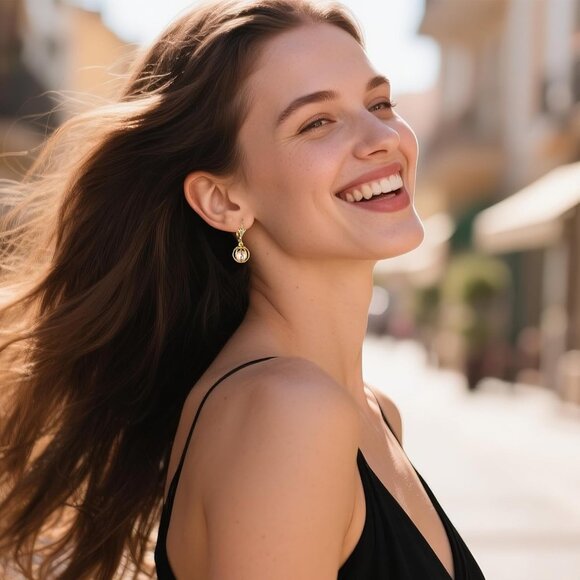 14k Gold Plated Pearl Dangle Drop Hypoallergenic Circle Earrings for Women - Picture 5 of 7